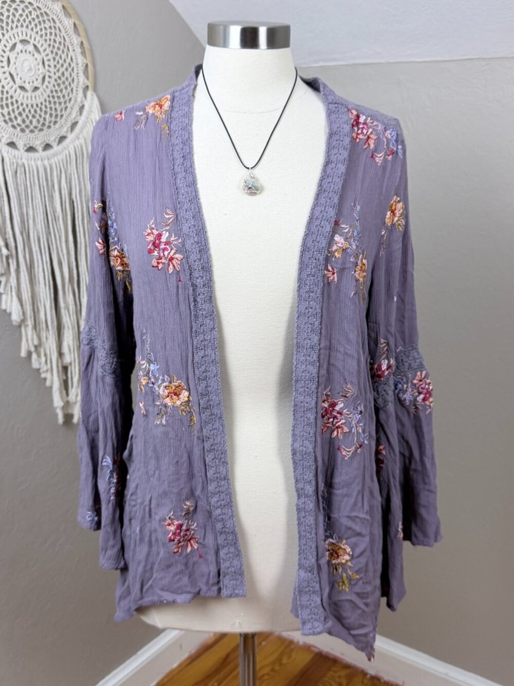 Sundance Purple Floral Embroidered Open Front Cardigan Boho Size L